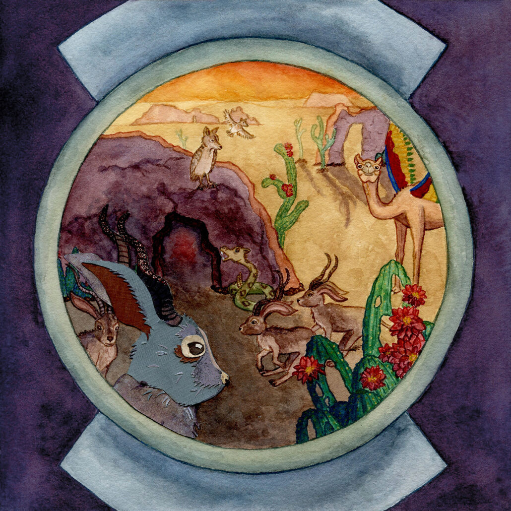 Invitation-Jackalopes, Camelparrots, and Coyoteowls, (watercolor, ink, and collage)